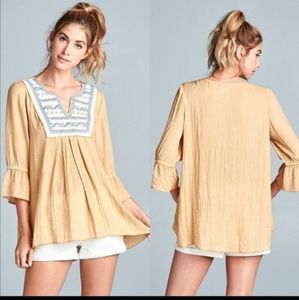 Hailey & Co Mustard Bell Sleeve Top with Embroidered Neckline Detail. Size Smal